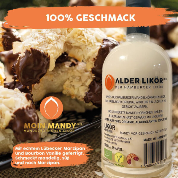 ALDER "MOIN MANDY" - Der Hamburger Mandelhörnchen-Likör mit Lübecker Marzipan | 500 ml | 15% Vol. | Das Hamburger Original | 100% Bio & Vegan | Made von uns: Organic Distillers Hamburg – Bild 3